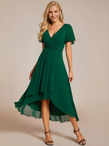 Women's Asymmetric Hem Dress - V-Neck - Flared Short Sleeves - Elegantly Draped