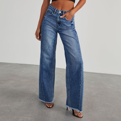 Women’s Wide-Leg Jeans – Washed Denim – Relaxed Fit – High Waist – Frayed Hem