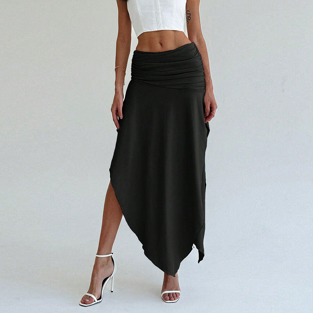 Women’s Midi Skirt – Satin Feel – Ruched Waist – Asymmetrical Hem – Draped Fit