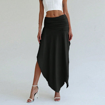 Women’s Midi Skirt – Satin Feel – Ruched Waist – Asymmetrical Hem – Draped Fit