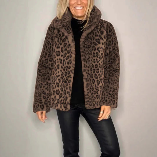 Women’s Coat – Faux Fur – Oversized Fit – Leopard Print – Notched Collar – Casual Style