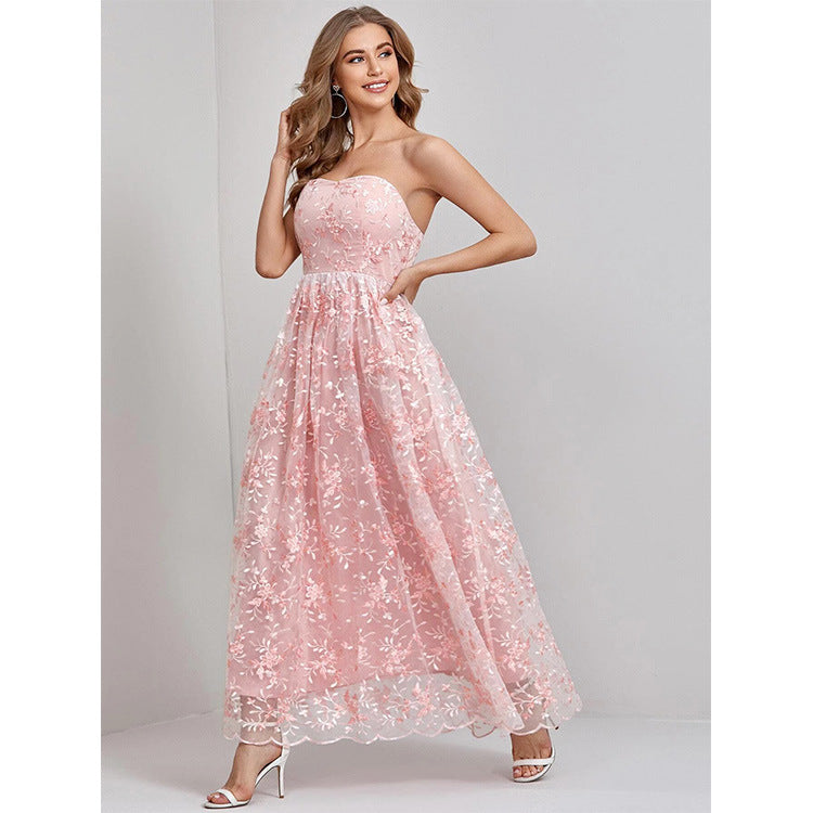 Women’s Evening Dress – Strapless – Embroidered Lace – Full-Length Flowy Fit