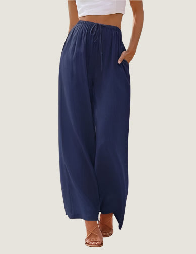 Women’s Wide-Leg Pants – Linen Blend – Relaxed Fit – Drawstring Waist – Full Length