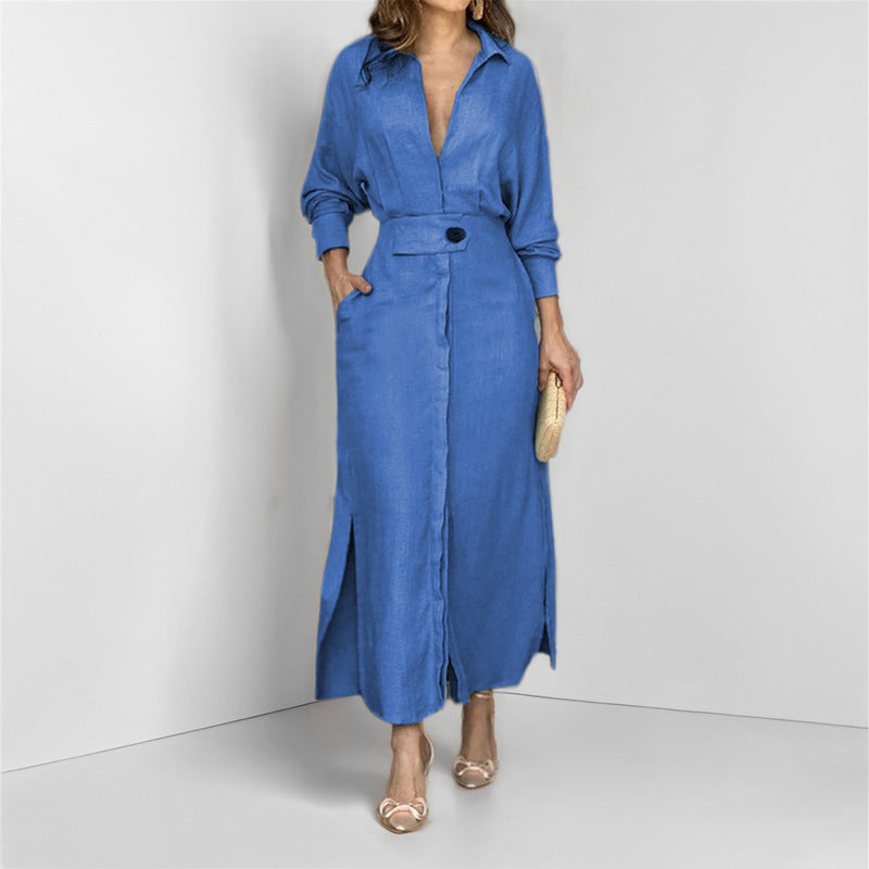 Women’s Shirt Dress – Tailored Fit – V-Neck – Linen – Asymmetrical Hem – Long Sleeve