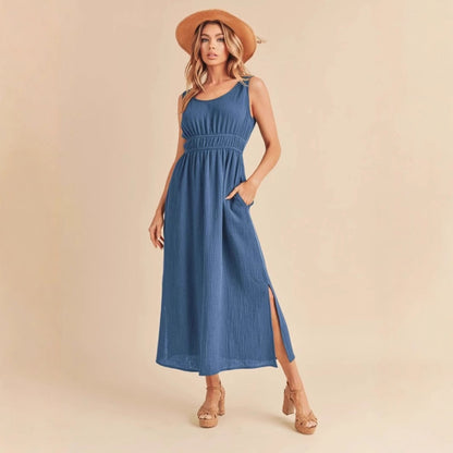 Women’s A-Line Dress – Sleeveless – Midi Length – Elastic Waist – Side Slit – Relaxed Fit