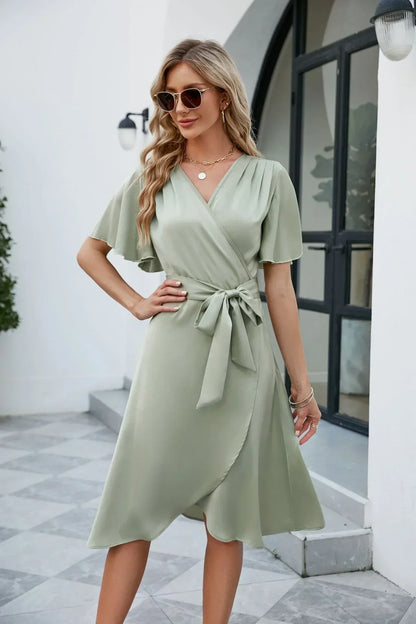 Women's Wrap Dress - V-Neck Midi Length - Short Flutter Sleeves - Flowy Adjustable Fit