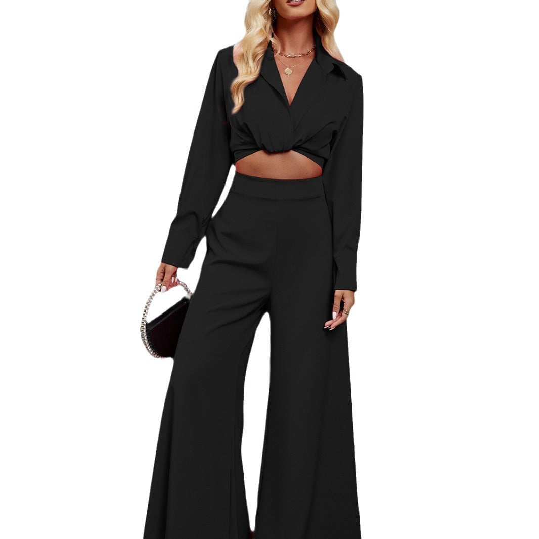 Women’s Two-Piece Set – Twist Front Cropped Blouse – High-Waist Wide-Leg Pants