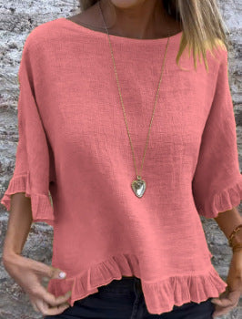 Women’s Blouse – Relaxed Fit Cotton Linen – Ruffle Hem – Short Sleeve – Round Neck