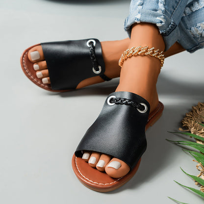 Women’s Flat Sandals – Braided Strap – Cushioned Footbed – Slip-On Open Toe