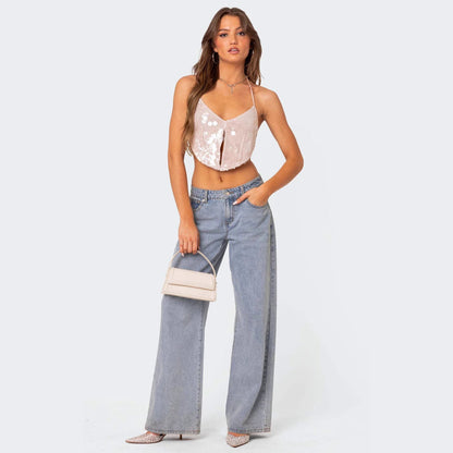 Women’s Crop Top – Sequin Embellished – Fitted Silhouette – Halter Neck Plunge