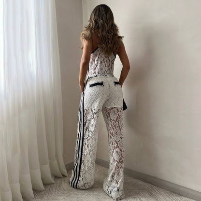 Women’s Two-Piece Set – Lace Texture – Cropped Camisole – Drawstring Pants – Relaxed Fit