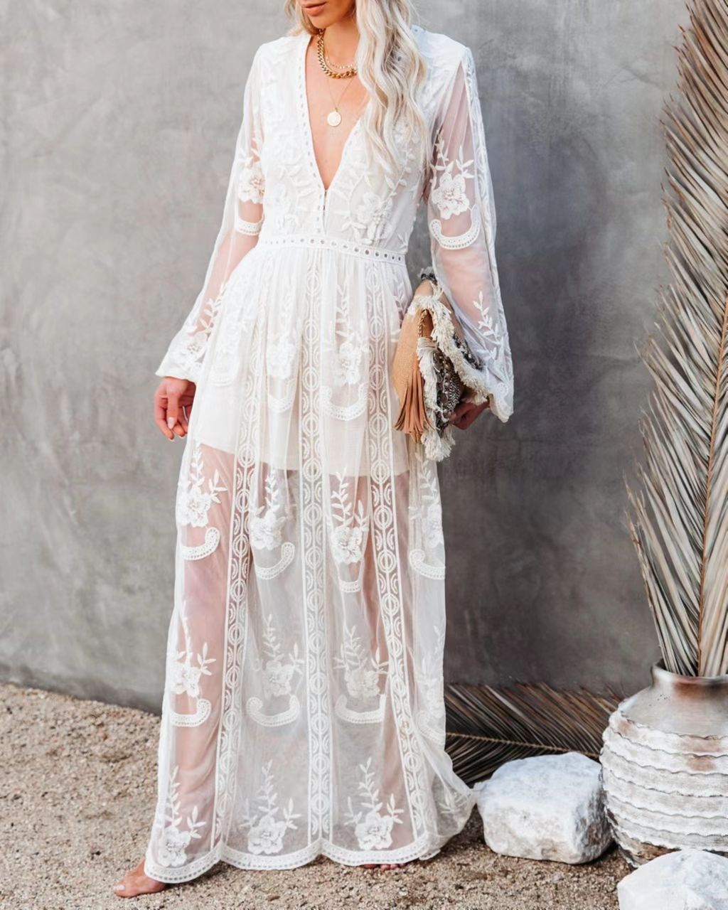 Women’s Long Dress – Lace & Chiffon – Deep V-Neck – Sheer Sleeves – High Slit Fit