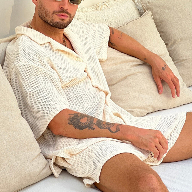 Men’s Casual Outfit Set – Lightweight Textured Shirt and Drawstring Shorts – Relaxed Fit