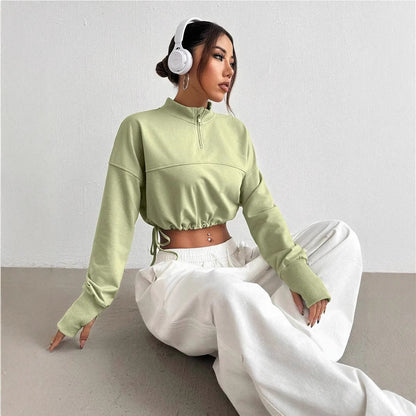 Women’s Cropped Sweatshirt – Relaxed Fit – Zip Neck – Balloon Sleeves