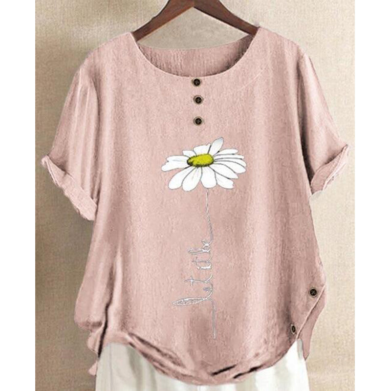 Women’s T-Shirt – Relaxed Fit – Embroidered Front – Rolled Sleeves – Soft Knit
