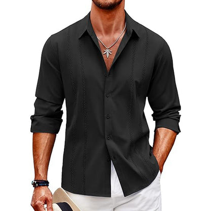 Men’s Long Sleeve Shirt – Slim Fit – Cotton Blend – Button-Front – Minimalist Vertical Dot Detailing