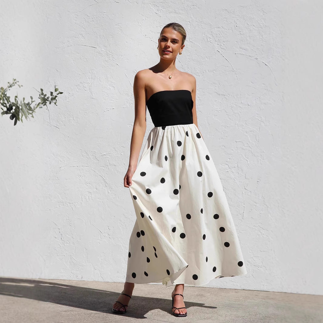 Women’s Maxi Dress – Strapless Wrap Bodice – Polka Dot – A-Line Flowy Fit