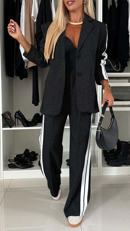 Women’s Blazer and Trouser Set – Relaxed Fit – Cotton Blend – Side Stripe Pants