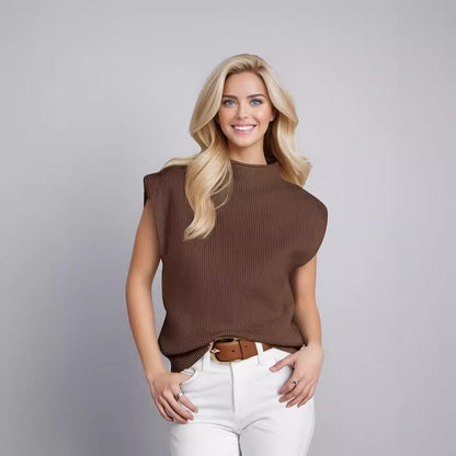 Women’s Sleeveless Turtleneck Sweater – Wool Blend Knit – Relaxed Fit – Ribbed Texture