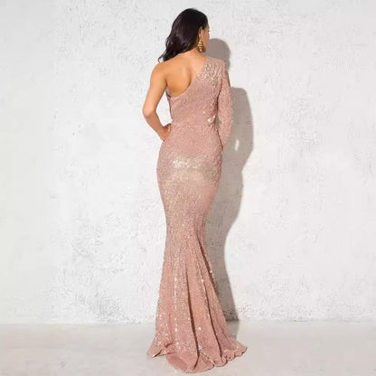 Women’s Evening Gown – One Shoulder – Sequined – Slim Fit – Mermaid Silhouette