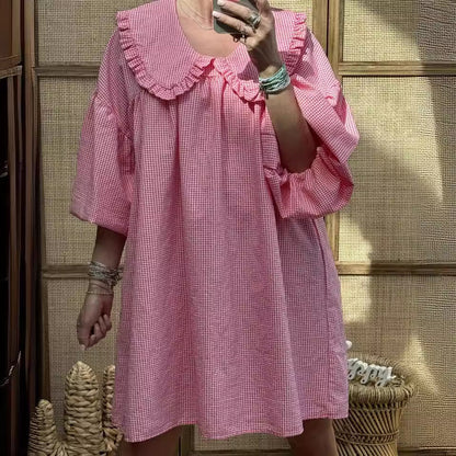 Women’s A-Line Dress – Cotton Checkered – Ruffled Collar – Balloon Sleeve – Short Length
