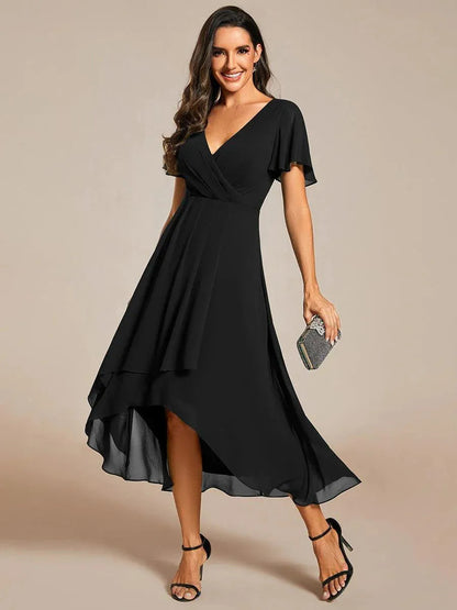 Women's Asymmetric Hem Dress - V-Neck - Flared Short Sleeves - Elegantly Draped