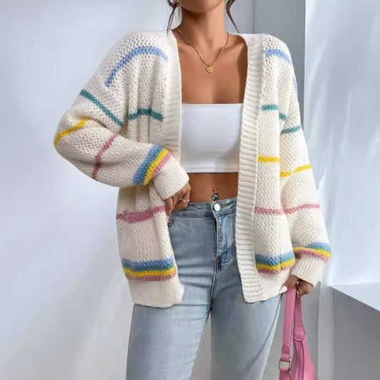 Women’s Knit Cardigan – Oversized Fit – Open Front – Striped Pattern – Ribbed Trim