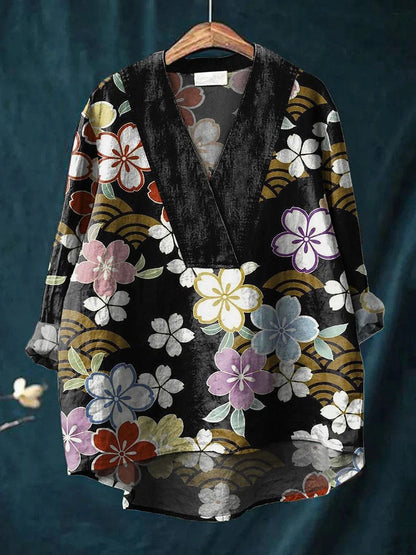 Women’s Long Sleeve Shirt – Relaxed Fit – V-Neck – Cotton Blend – Digital Print
