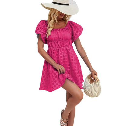 Women’s Mini Dress – A-Line Fit – Puff Sleeves – Square Neck – Breathable Blend