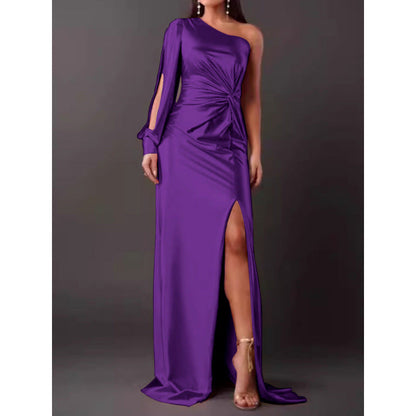 Women’s Maxi Dress – Satin – One Shoulder – Slim Fit – Ruched Waist – High Slit – Long Sleeve