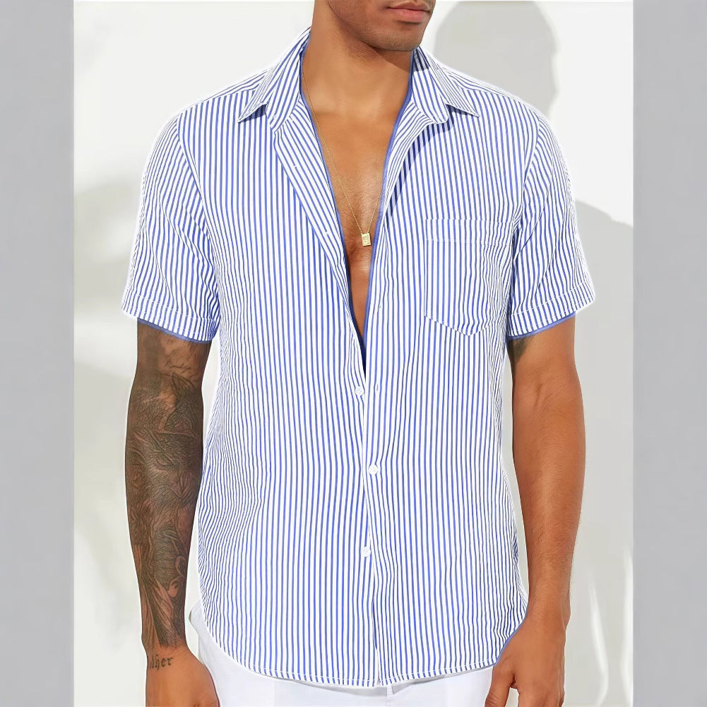Men’s Casual Shirt – Cotton Blend – Relaxed Fit – Short Sleeve – Vertical Stripes