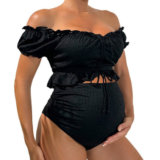 Women's Maternity Split Swimsuit Set – Off-Shoulder Ruffle Top – High-Waist Bottom – Breathable Blend