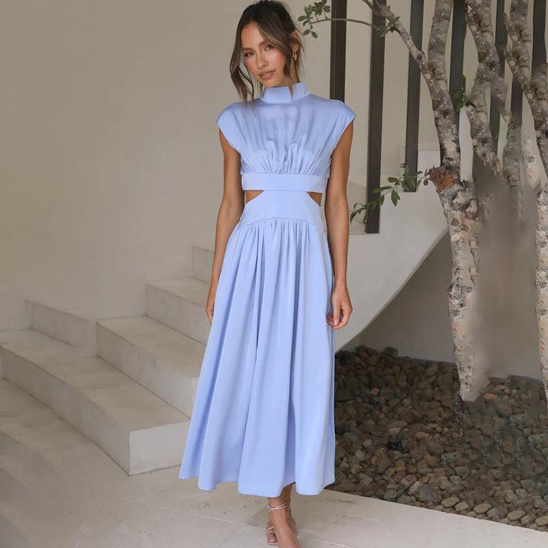 Women’s Midi Dress – Pleated Bodice – Cinched Waist – Cut-Out Detail – Breathable Blend