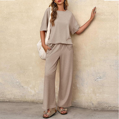 Women’s Two-Piece Set – Cotton Blend – Relaxed Fit – Short Sleeve Top & Wide-Leg Pants