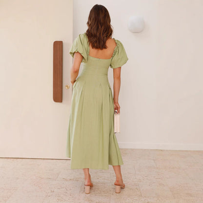 Women’s Long Dress – Fit and Flare – Puff Sleeve – V-Neck – Lightweight Breathable Fabric