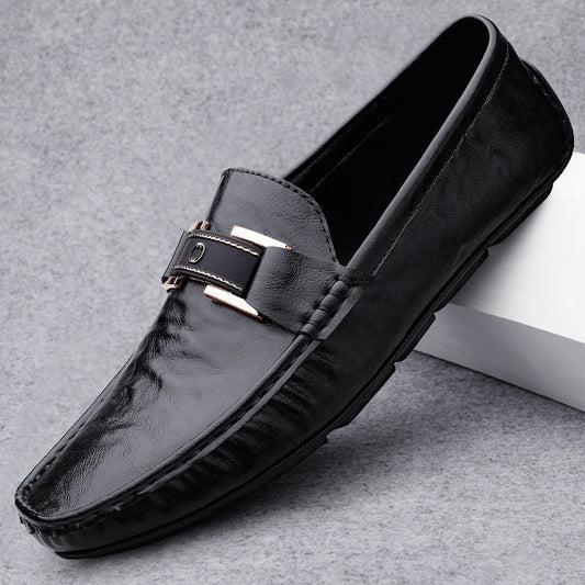 Men’s Leather Loafers – Slip-On Fit – Decorative Strap – Breathable Soft Sole