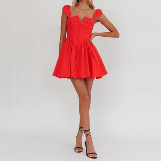 Women’s Sleeveless Mini Dress – Cotton Blend – Square Neck – Fitted Pleated Skirt