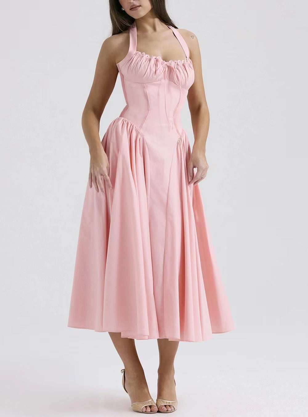 Women’s Halter Neck Dress – Slim Fit – Gathered Bodice – Backless – Midi Flared Skirt