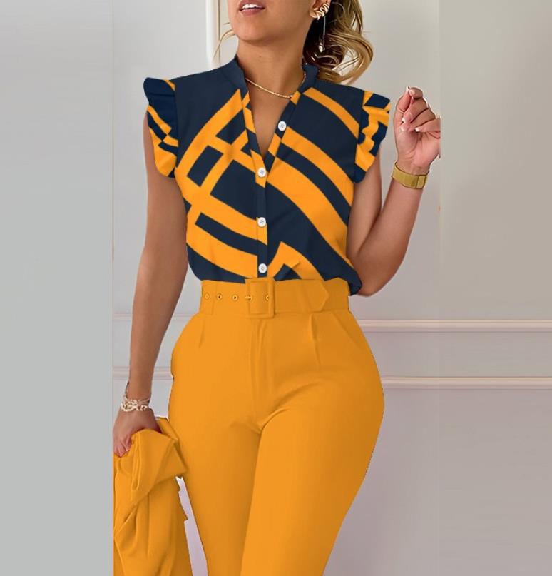 Women’s Blouse – Relaxed Fit – V-Neck – Button Front – Petal Sleeve – Cotton Blend