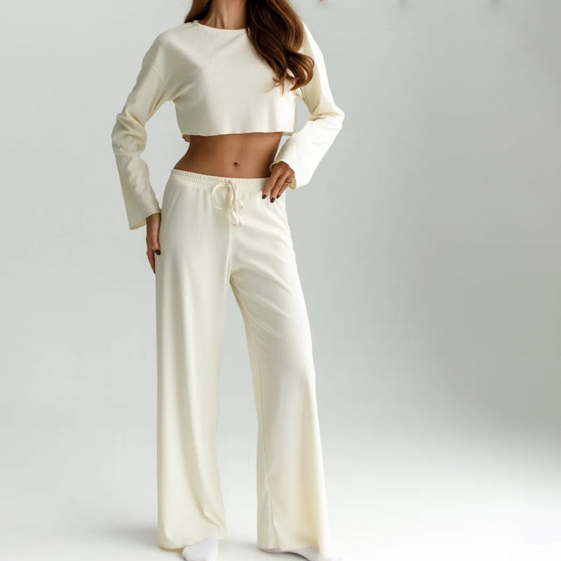 Women’s Loungewear Set – Cotton Blend – Relaxed Cropped Top – High-Waist – Wide-Leg Pants