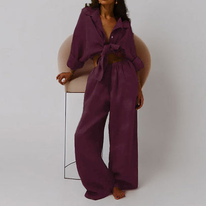 Women’s Two-Piece Set – Oversized Shirt with Knot – Wide Leg Pants – Cotton Blend