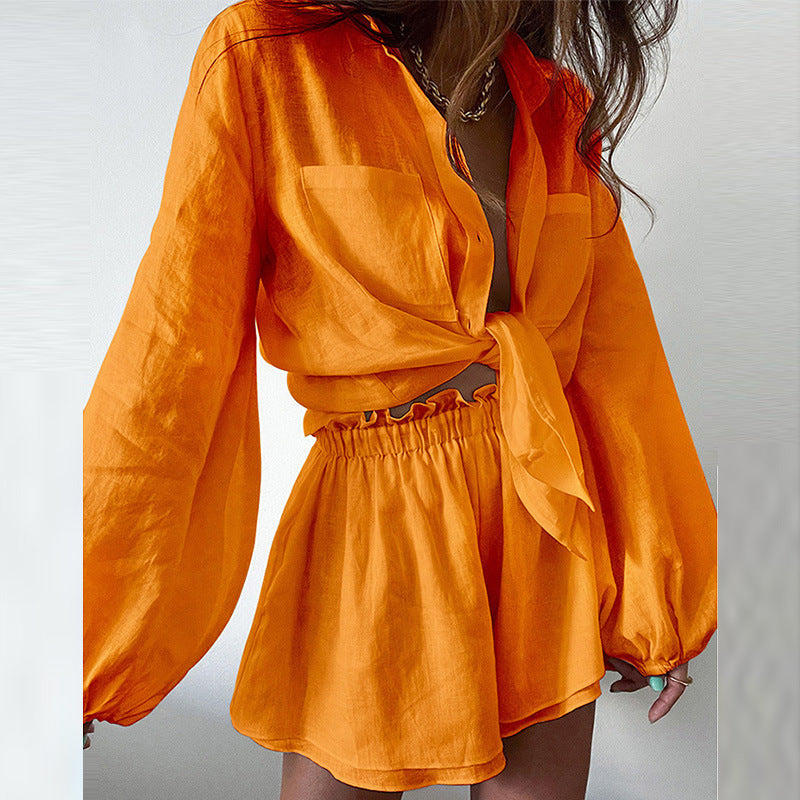 Women’s Two-Piece Set – Lightweight Cotton Blend – Tie-Front Blouse – High-Waist Ruffle Shorts