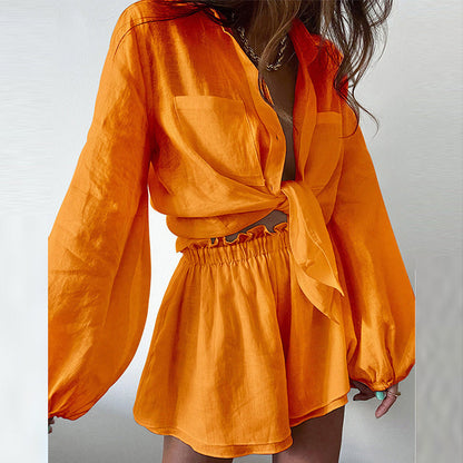 Women’s Two-Piece Set – Lightweight Cotton Blend – Tie-Front Blouse – High-Waist Ruffle Shorts
