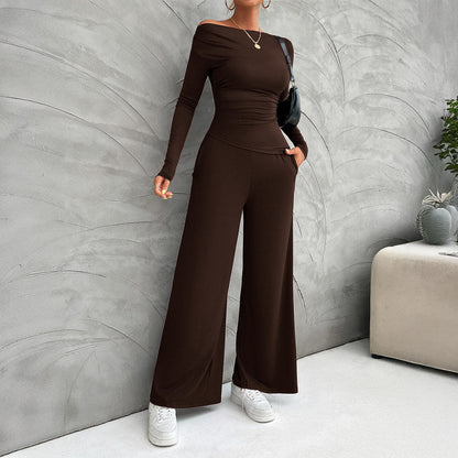 Women’s Matching Set – Slim Fit Long Sleeve Top – High Waist Wide Leg Pants