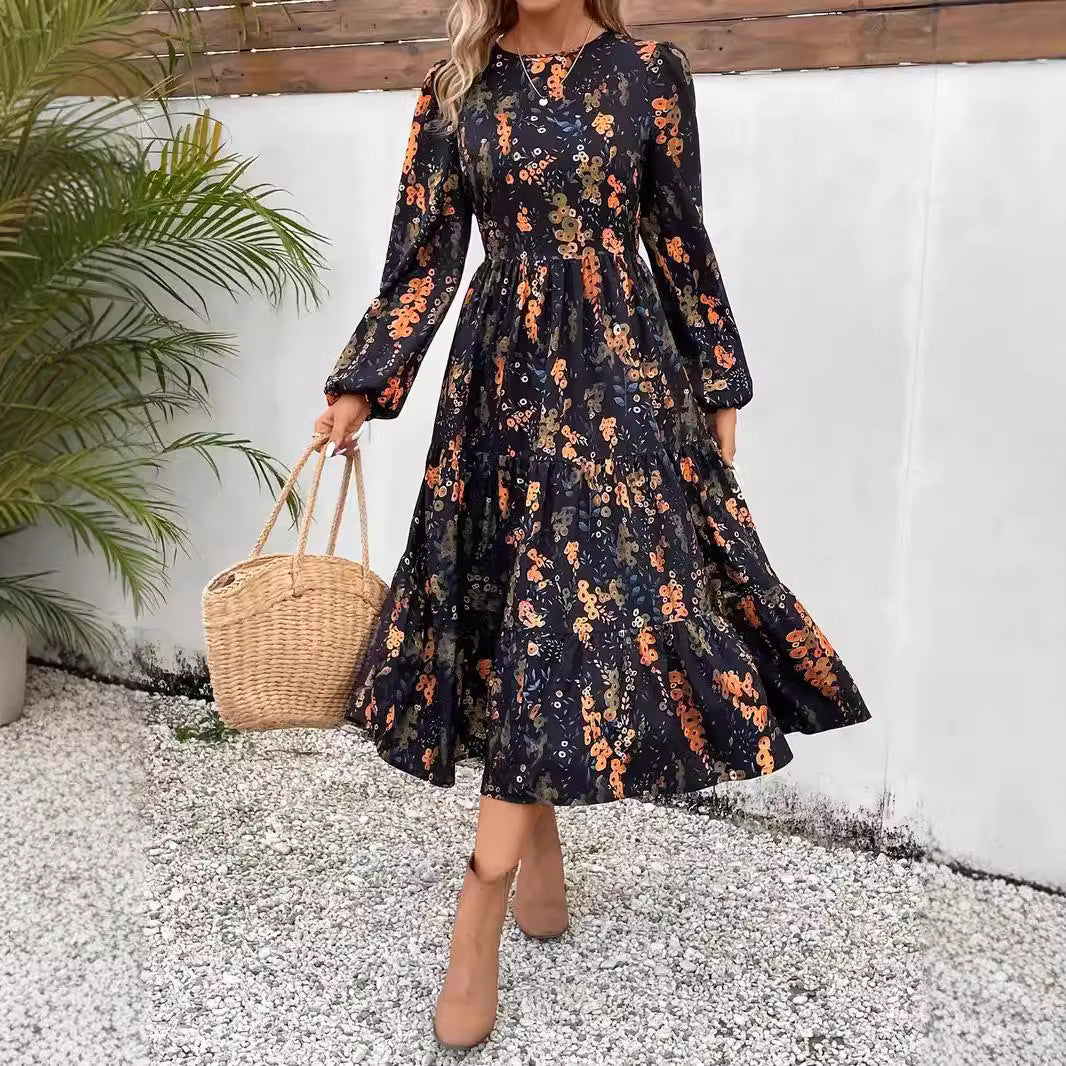 Women’s Long Sleeve Dress – Floral Print – Relaxed Fit – Cotton Blend – Midi Length