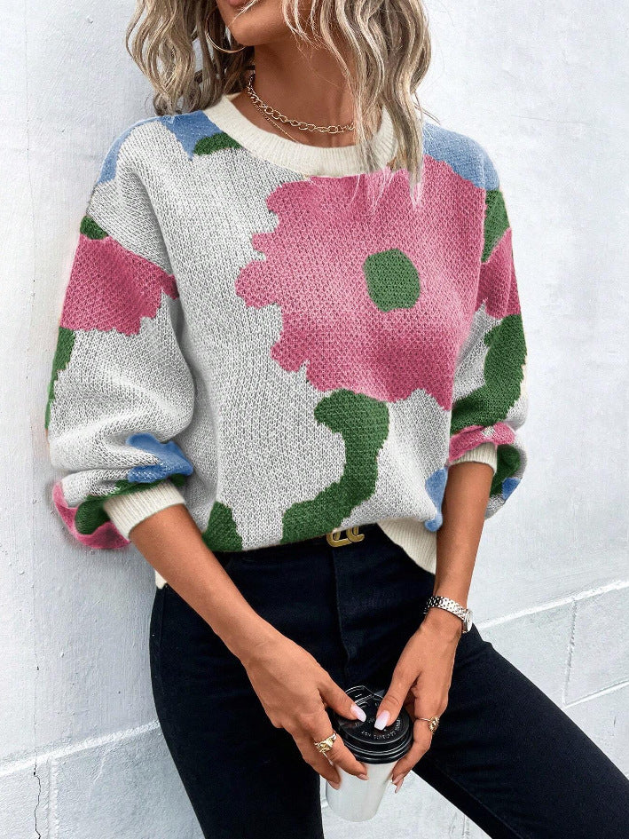 Women’s Pullover Sweater – Relaxed Fit – Soft Knit – Round Neck – Balloon Sleeve – Abstract Pattern