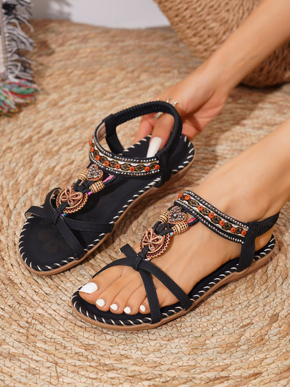 Women’s Flat Sandals – Boho Beaded Detailing – Thong Style – Cushioned Footbed