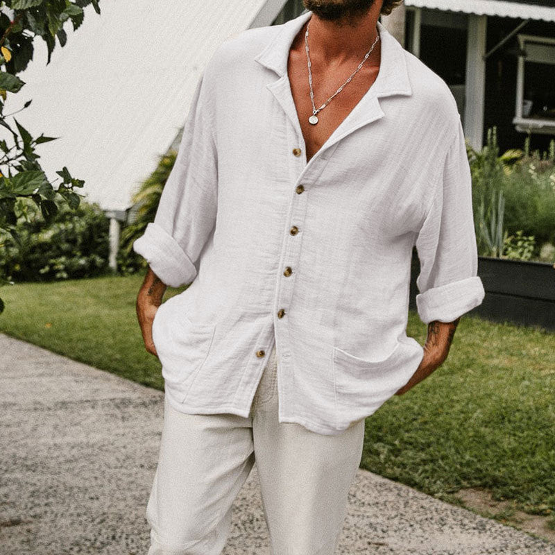 Men’s Button-Up Shirt – Cotton Linen Blend – Relaxed Fit – Long Sleeve Casual Style