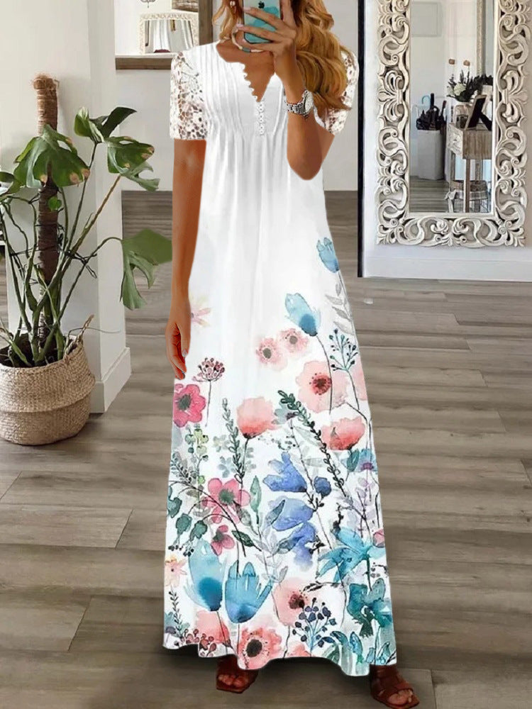 Women’s Long Dress – Flowy Fit – Lace Short Sleeve – Button Front – Elegant Style