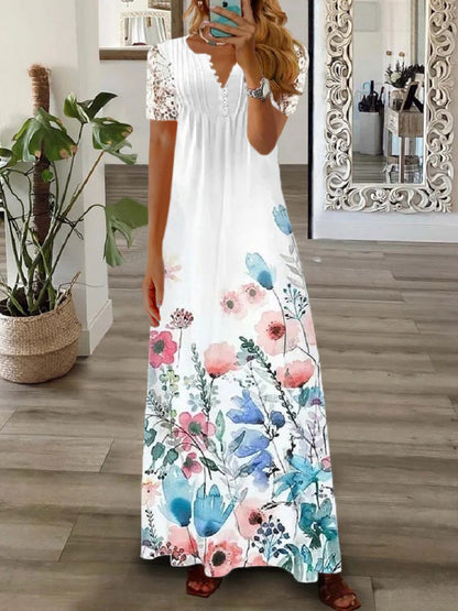 Women’s Long Dress – Flowy Fit – Lace Short Sleeve – Button Front – Elegant Style